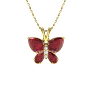 Diamondere Natural and Certified Ruby and Diamond Butterfly Petite Necklace in 14k Yellow Gold | 1.11 Carat Quality Pendant with Chain