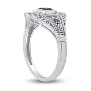 AFFY 10K Solid White Gold Vintage Style Cushion & Round Simulated Sapphire & White Natural Diamond Engagement Ring Size 7