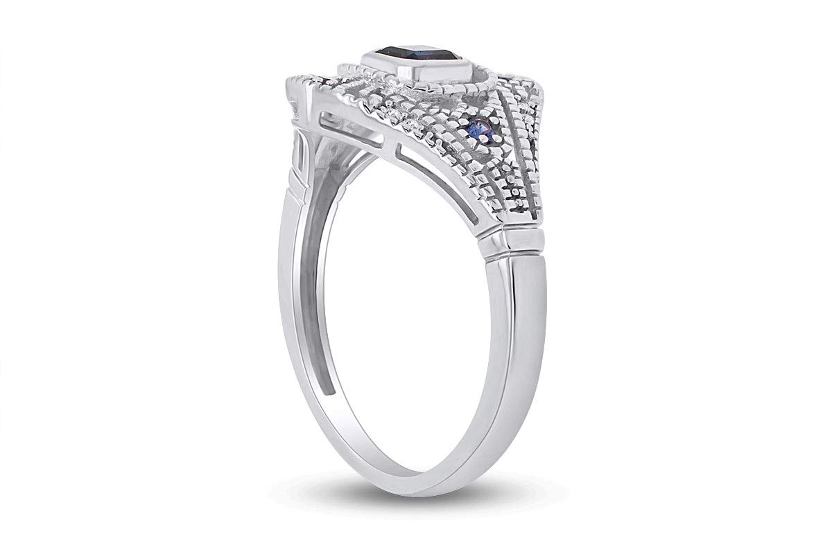 AFFY 10K Solid White Gold Vintage Style Cushion & Round Simulated Sapphire & White Natural Diamond Engagement Ring Size 7