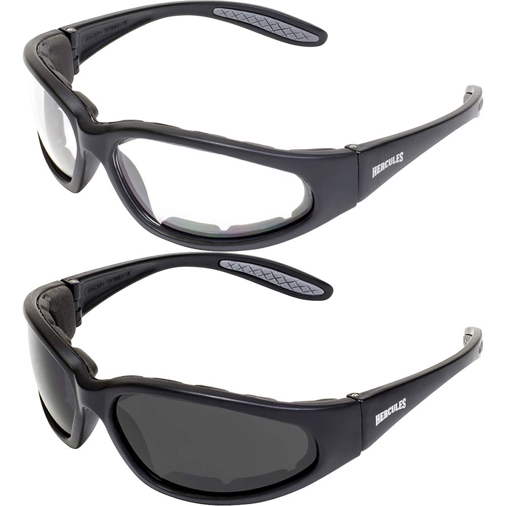 Global Vision Hercules Plus Padded Safety Motorcycle Sunglasses Black Frames Clear + Smoke Lenses