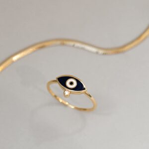 GELIN 14K Solid Gold Blue Evil Eye Ring for Women | 14k Gold Stacking Rings for Women, Sizes 5 to 9