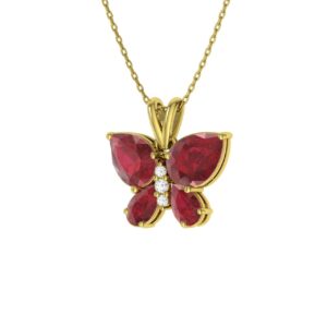 Diamondere Natural and Certified Ruby and Diamond Butterfly Petite Necklace in 14k Yellow Gold | 1.11 Carat Quality Pendant with Chain