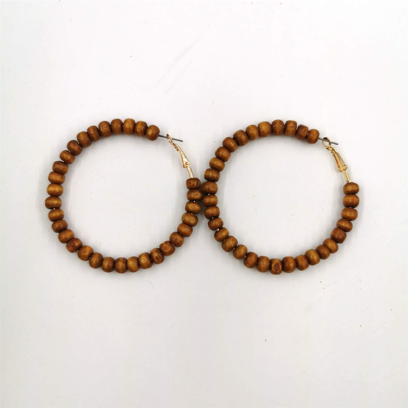 2 Pairs Minimalist Wooden Beads Big Hoop Earrings Set Vintage Wood Beaded Circle Drop Dangle Earrings Bohemian Statement Jewelry Women-Brown