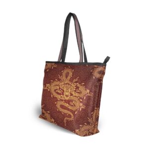 QMXO Chinese Animal Dragons Handbags and Purse for Women Tote Bag Large Capacity Top Handle Shopper Shoulder Bag