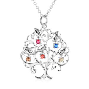 PEIMKO Personalized Custom Name Family Branch Tree Necklace for Women 925 Sterling Silver Necklace Made with Simulated Birthstone CZ Mother¡¯s Day Jewelry Gift - White