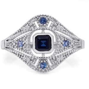 AFFY 10K Solid White Gold Vintage Style Cushion & Round Simulated Sapphire & White Natural Diamond Engagement Ring Size 7