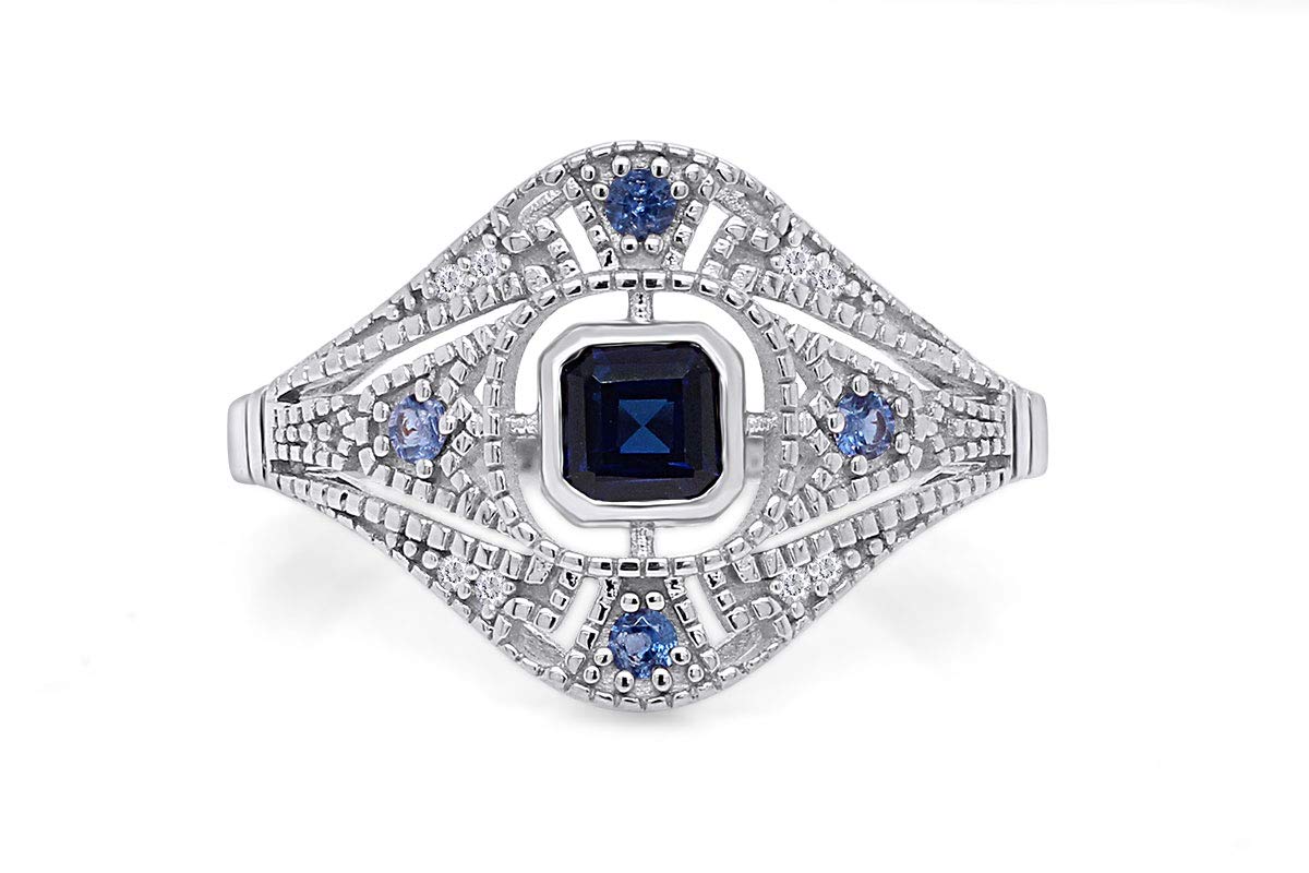 AFFY 10K Solid White Gold Vintage Style Cushion & Round Simulated Sapphire & White Natural Diamond Engagement Ring Size 7