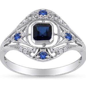 AFFY 10K Solid White Gold Vintage Style Cushion & Round Simulated Sapphire & White Natural Diamond Engagement Ring Size 7