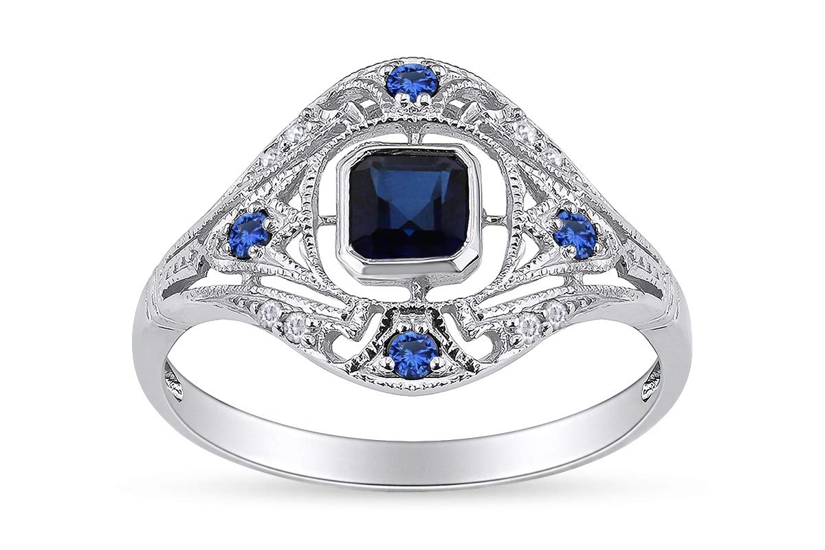 AFFY 10K Solid White Gold Vintage Style Cushion & Round Simulated Sapphire & White Natural Diamond Engagement Ring Size 7