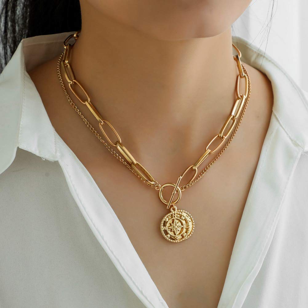 Gold Chunky Thick Link Chain Necklace Compass Coin Pendant Toggle Necklace Charm Minimalist Jewelry for Women Men Teen Girls