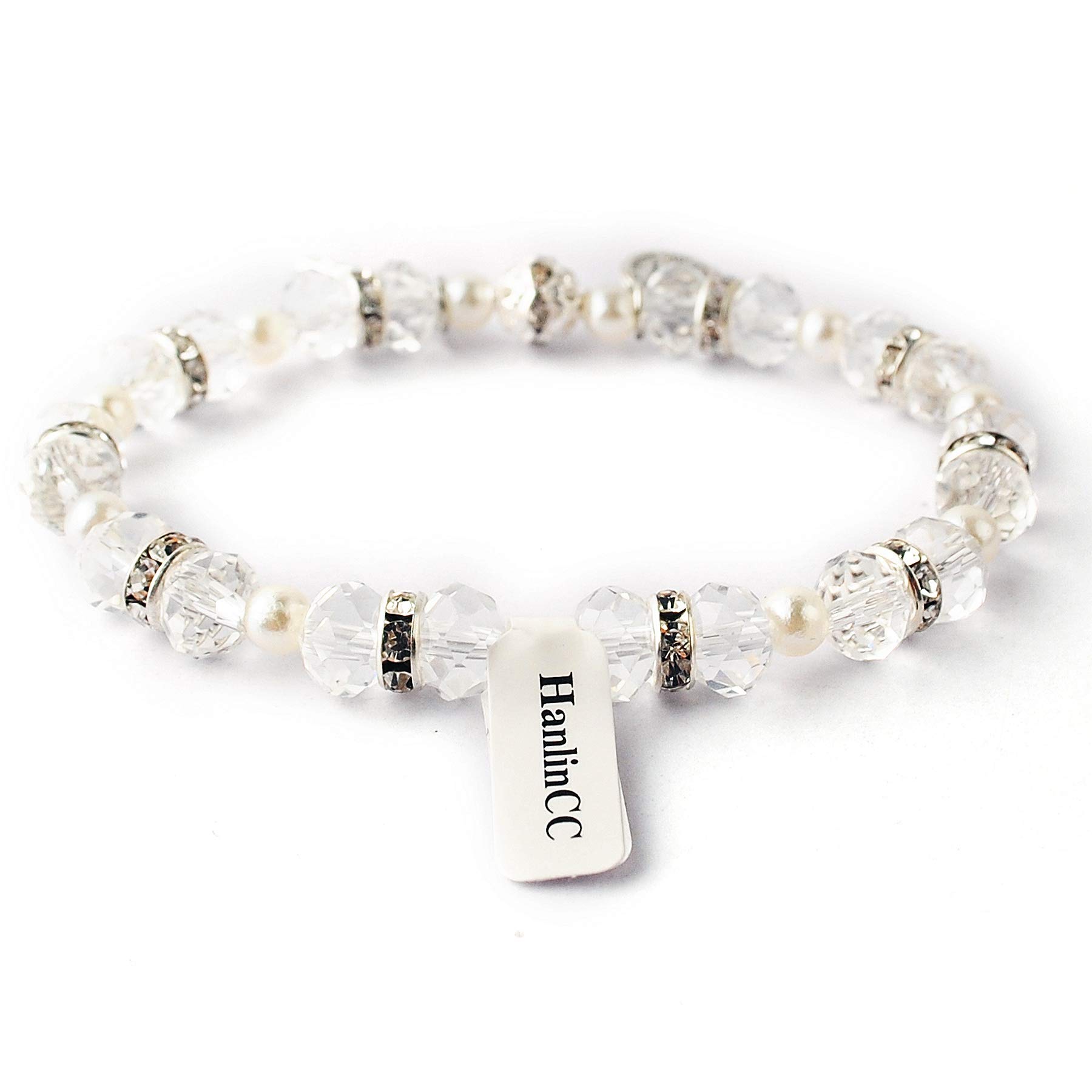 HanlinCC Women's Beaded Stretch Rosary Bracelet with Crucifix and Miraculous Medal (White)