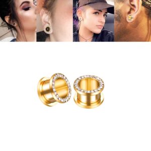 14K Gold Plated Crystal Rhinestones CZ Ear Tunnels Plugs Expander Gauges Stretcher Earrings Screw Stainless Steel Hypoallergenic Body Piercing Jewelry Personalized Gifts Men Women Bff (0g(8mm))