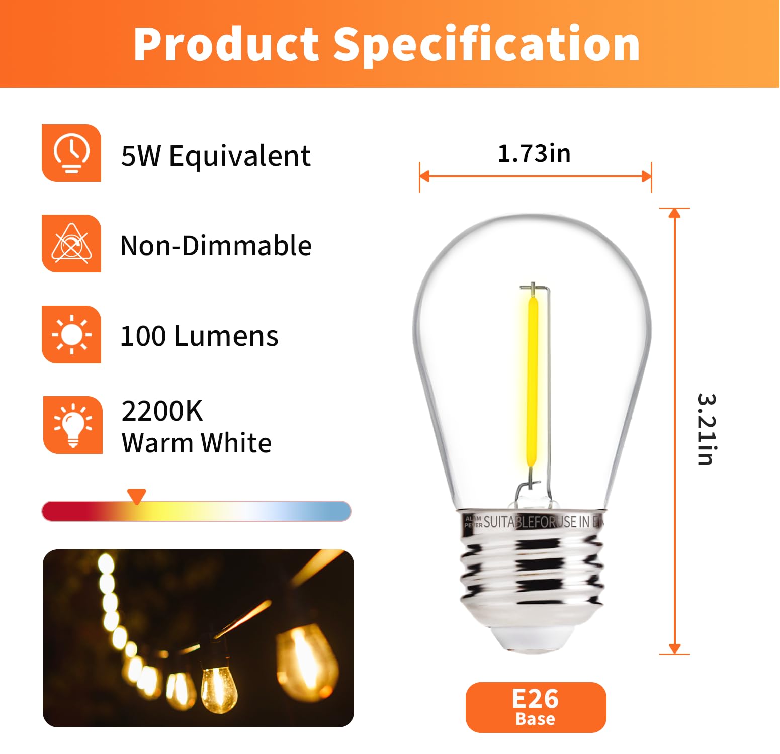 ALAMPEVER LED String Light Bulbs,E26 Bulb for Outdoor String Lights Bulb,24 Pack Waterproof S14 Replacement LED Bulbs，5W,2200K Warm White，Non-Dimmable