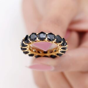 Black Spinel Ring for Women in Gold, Hexagon Cut Black Spinel Eternity Ring in Shared Prong Setting, Black Spinel Gold Ring (AAA Quality), 14K Yellow Gold, Size:US 7.00