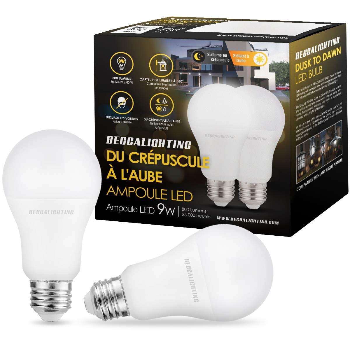 BECCALIGHTING Dusk to Dawn LED Light Bulb Light Sensor with Microwave Sensor 9W E26/E27 Automatic On/Off, Indoor/Outdoor Yard Porch Patio Garage Garden, Warm White, UL Listed, 2-Pack