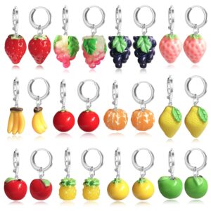 DAMLENG 12 Pairs Creative Cute Simulation Fruits Dangle Drop Earrings Sets Statement Handmade Lemon Strawberry Hoop Earrings For Women Jewelry Gifts (12 Pairs Fruits Earrings)