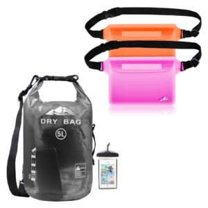 heeta waterproof dry bag for women men transparent black 5l bundle with 2-pack waterproof pouch with waist strap