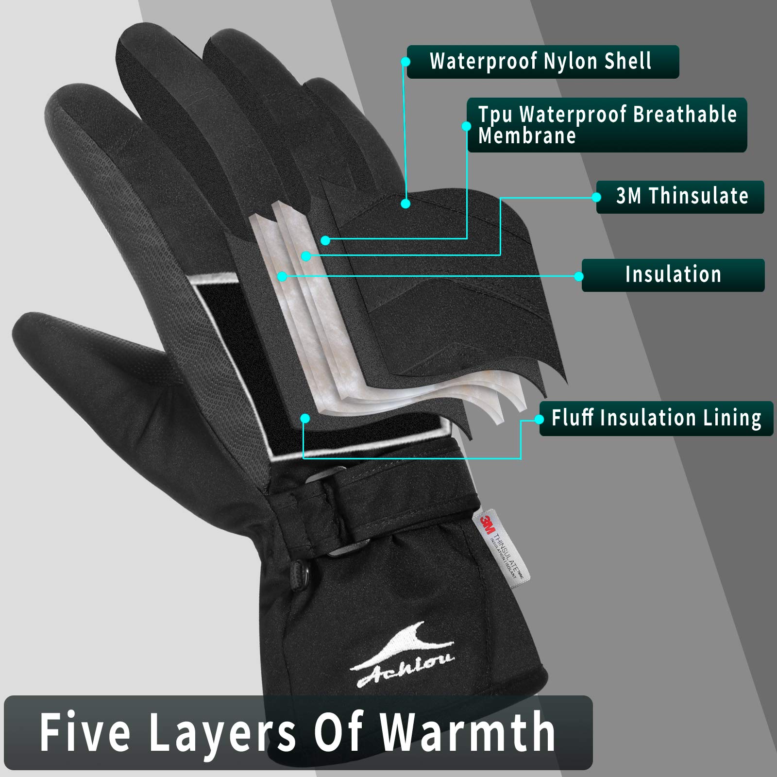 Achiou Ski Snow Gloves Winter Warm 3M Thinsulate Waterproof Touchscreen Men Women