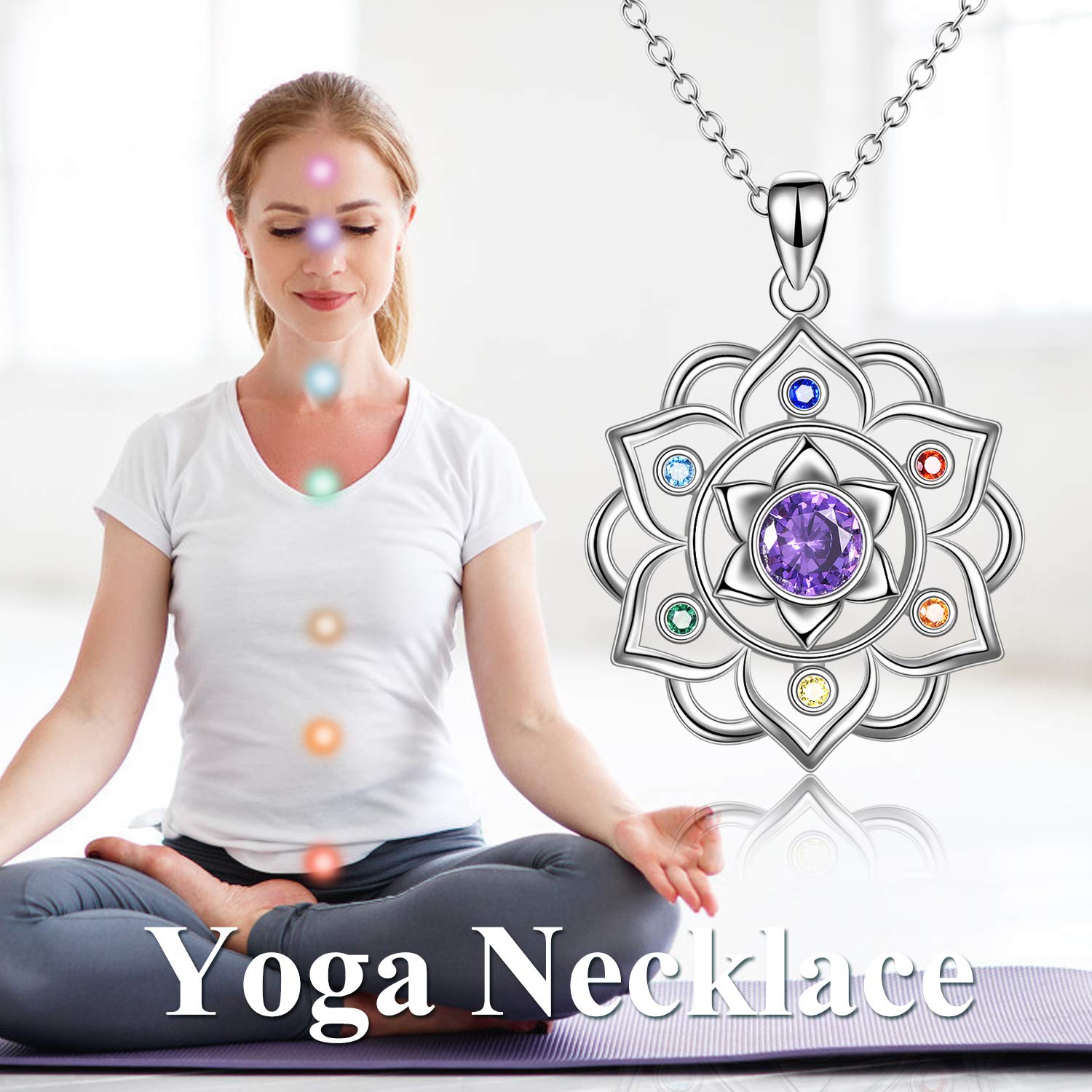 ONEFINITY Yoga Lotus Necklace Chakra Necklace 925 Sterling Silver Chakra Necklace Pendant Mothers Day Gifts for Women Wife