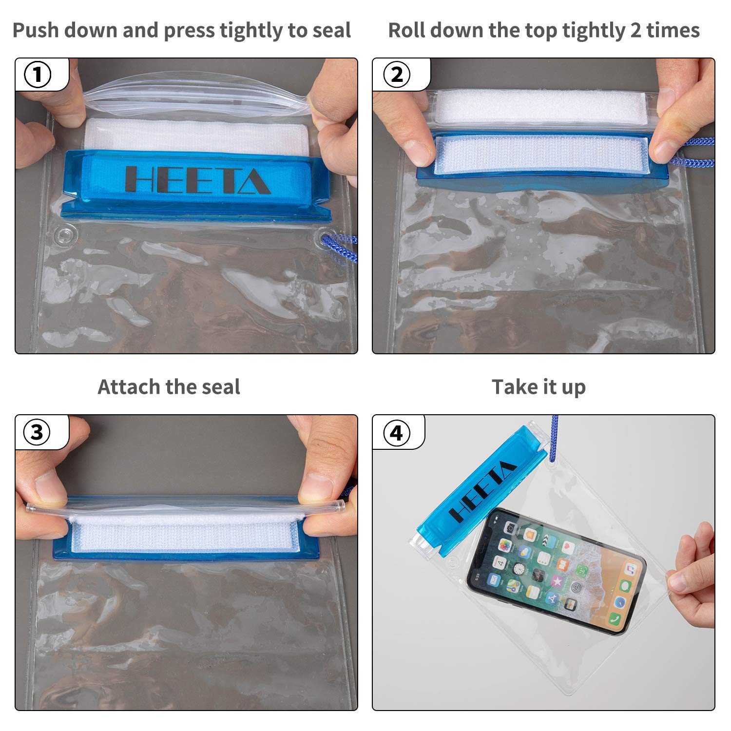 HEETA Waterproof Pouch, Screen Touch Sensitive Waterproof Bag Black & Gray L Bundle with 5-Pack Clear Waterproof Dry Bag