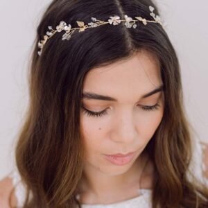 SWEETV Handmade Wedding Headband Flower-Leaf Bridal Headpieces for Wedding Hair Accessories Brides Hair Pieces Gold