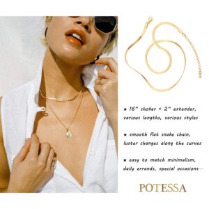 POTESSA 18k Gold Snake Chain Choker Necklace for Women Flat Herringbone Chain Fashion Stainless Steel Necklaces Simple Jewelry Christmas Gifts for Her