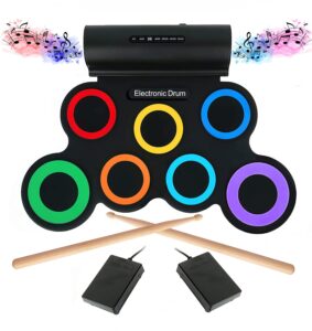 electronic drum set,7 practice drum pads,roll-up rechargeable drum set with pedals,sticks,built-in speaker/headphone jack, rainbow color