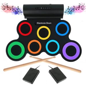 Electronic Drum Set,7 Practice Drum Pads,Roll-up Rechargeable Drum Set with Pedals,Sticks,Built-in Speaker/Headphone Jack, Rainbow Color