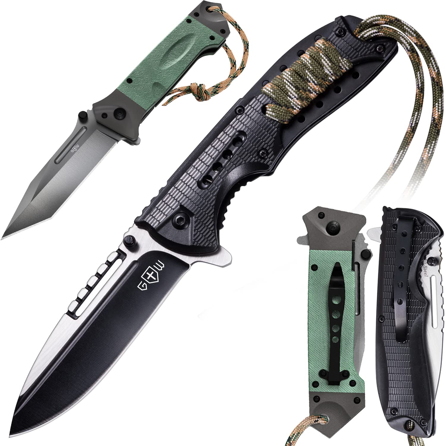 Bundle of 2 Items - Pocket Knife - Survival Military Foldable Knife - Best Outdoor Camping Hunting Bushcraft EDC Folding Knife - Ninja Assisted Opening Knife - Work Knife Birthday Christmas Gifts