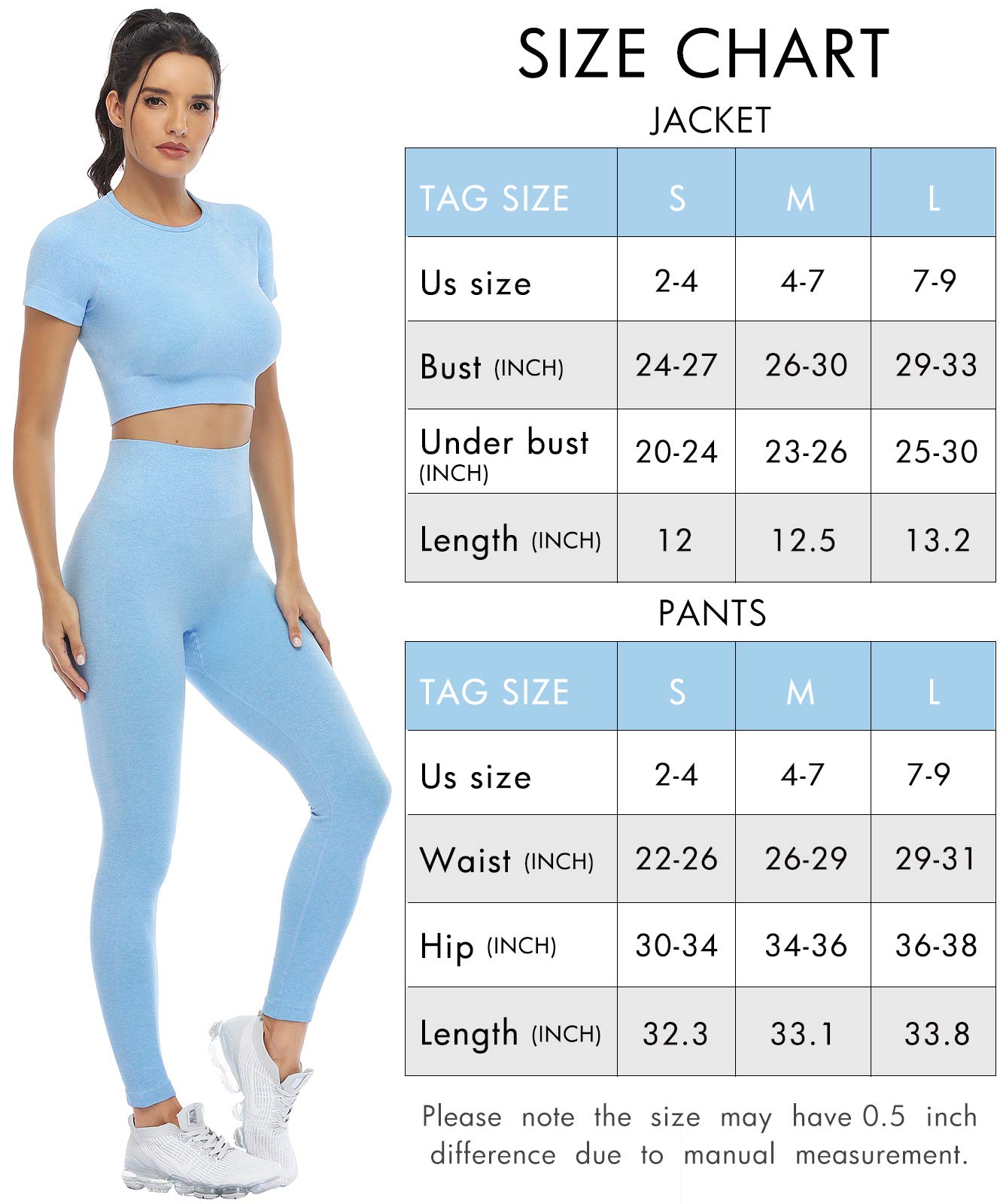 JOLLMONO 2 Piece Short Sleeve Outfits for Women Seamless Crop Tops Set for Women Workout Set(8005L-Light Blue)