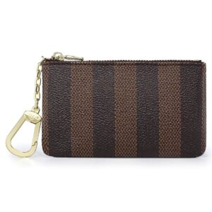 Rauder Luxury Zip Key Chain Pouch | Mini Coin Purse Wallet Card Holder with Clasp | for Men Women - Coated Canvas (Brown Stripe)