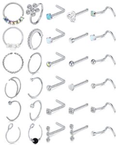 longita 20g nose rings surgical steel l shape studs stainless thin ring hoop silver pack screw bone opal diamond heart nostril piercing jewelry for men women