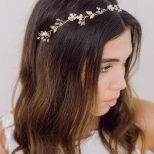 SWEETV Handmade Wedding Headband Flower-Leaf Bridal Headpieces for Wedding Hair Accessories Brides Hair Pieces Gold