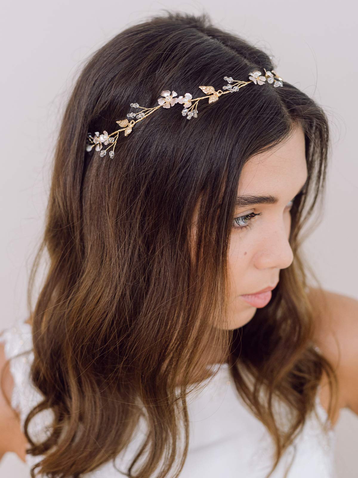 SWEETV Handmade Wedding Headband Flower-Leaf Bridal Headpieces for Wedding Hair Accessories Brides Hair Pieces Gold