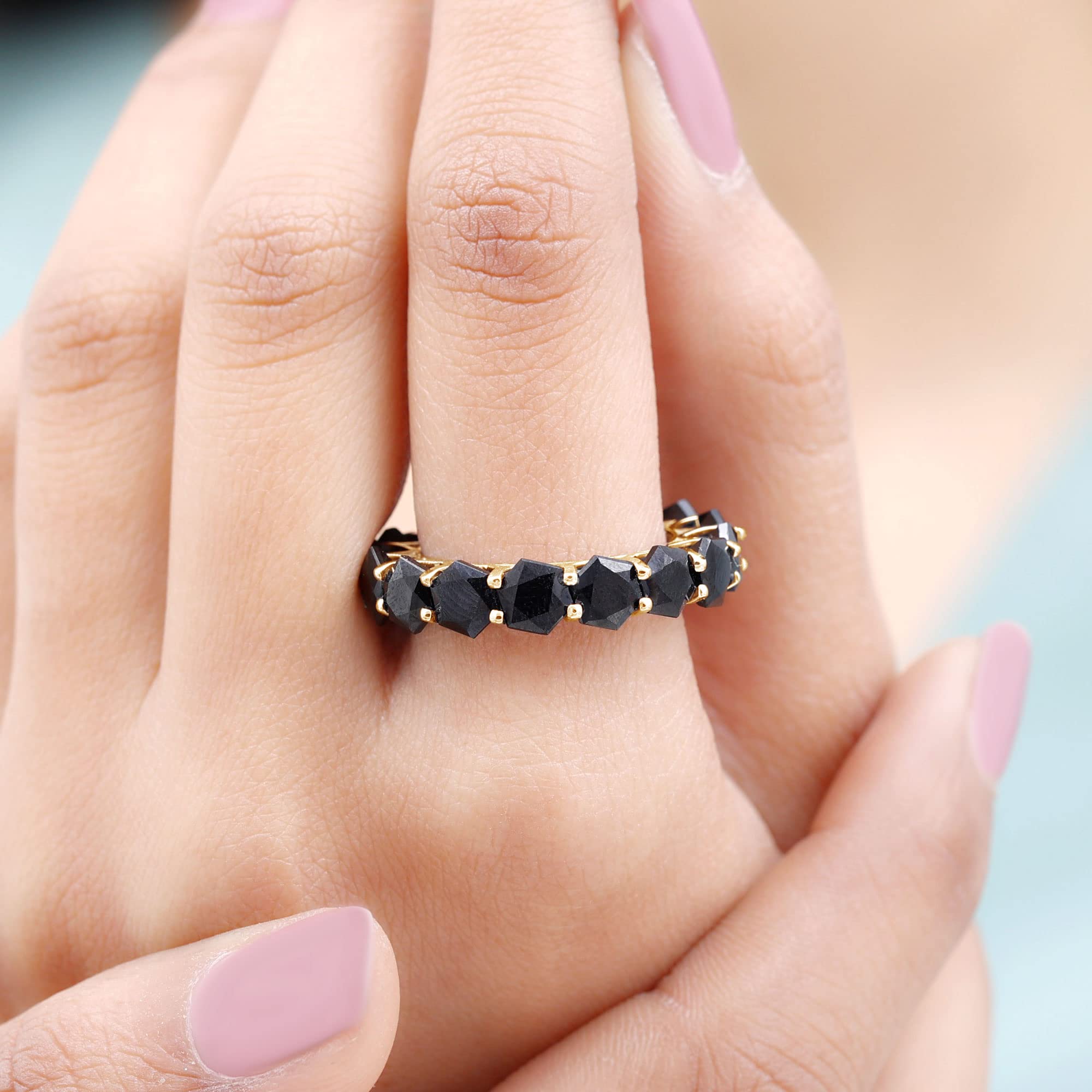 Black Spinel Ring for Women in Gold, Hexagon Cut Black Spinel Eternity Ring in Shared Prong Setting, Black Spinel Gold Ring (AAA Quality), 14K Yellow Gold, Size:US 7.00