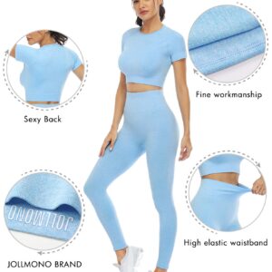 JOLLMONO 2 Piece Short Sleeve Outfits for Women Seamless Crop Tops Set for Women Workout Set(8005L-Light Blue)