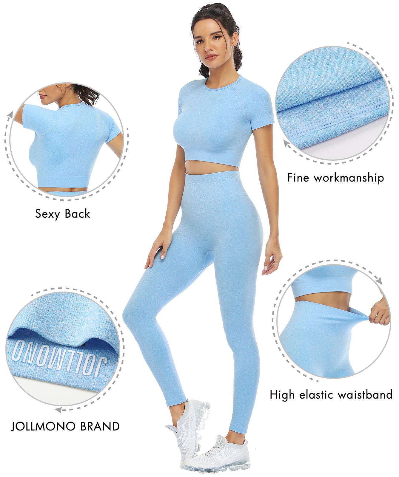 JOLLMONO 2 Piece Short Sleeve Outfits for Women Seamless Crop Tops Set for Women Workout Set(8005L-Light Blue)