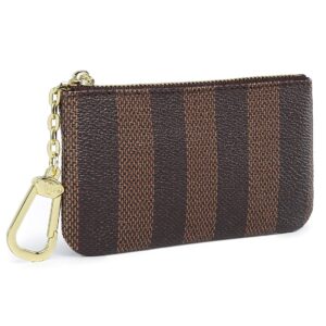 Rauder Luxury Zip Key Chain Pouch | Mini Coin Purse Wallet Card Holder with Clasp | for Men Women - Coated Canvas (Brown Stripe)