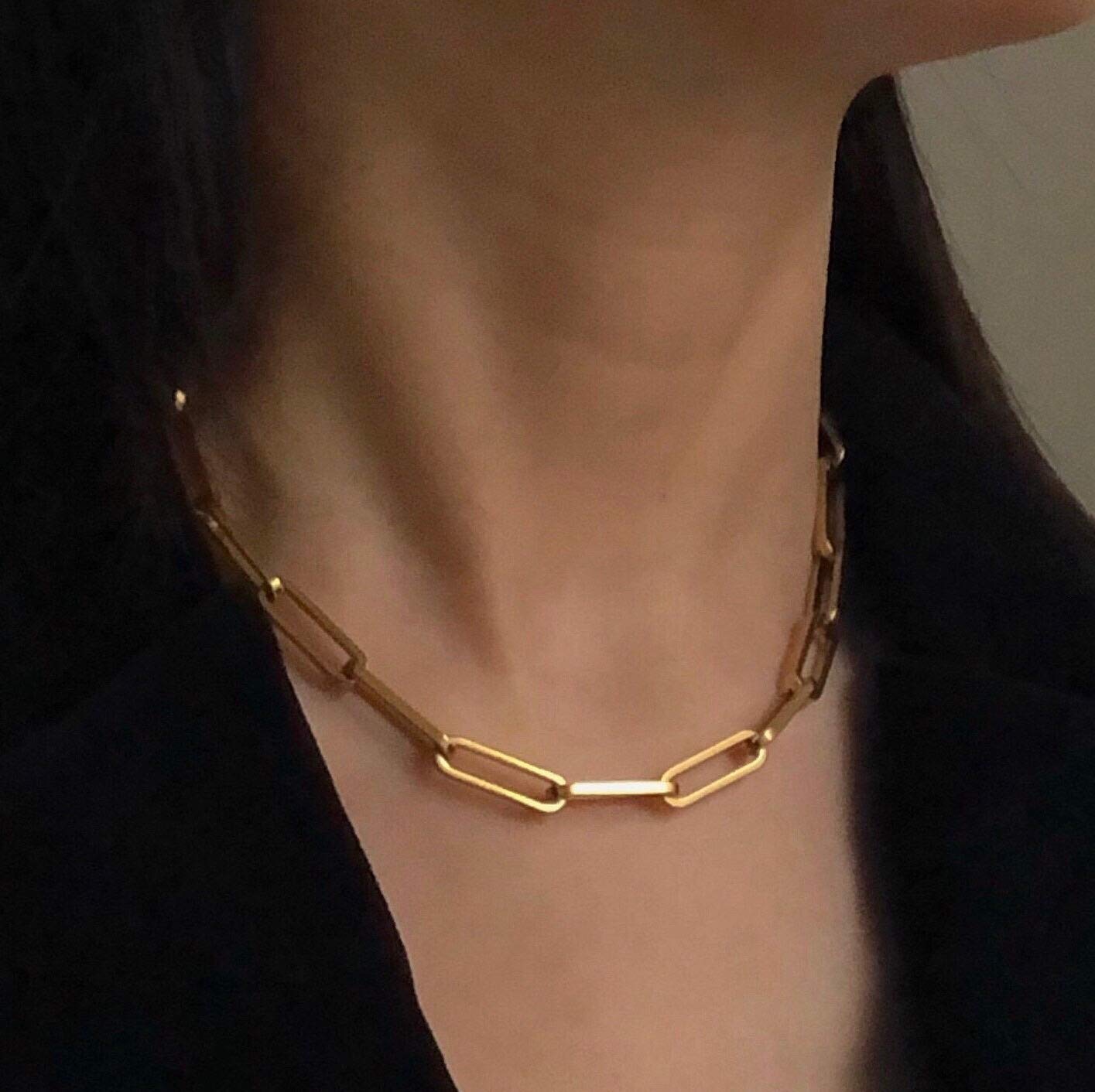 Shapes Studio 18K Gold Plated Titanium Thick Paperclip Chain Necklace, Minimalist Style, Bold Chunky Paper Clip Chain Necklace, Short Necklace, Never Tarnish(40cm)