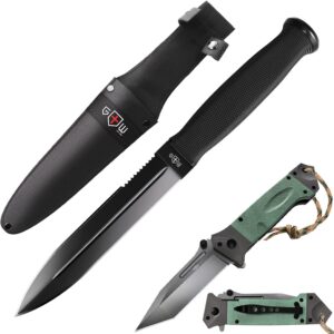 Bundle of 2 Items - Knife for Men with Sheath - Black Tactical Knives - Cool Hunting Knofe Fixed Blade Knife with Serrated Blade - Folding Tactical Knives Japanese Tanto Blade Knives - Work Knife