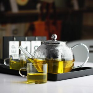 LUXU Glass Teapot with Stainless Steel Infuser & Lid,Stovetop Safe 1100ml/37 oz Clear Glass Tea Kettle with Comfortable Handle,Premium Blooming and Loose Leaf Tea Maker Set