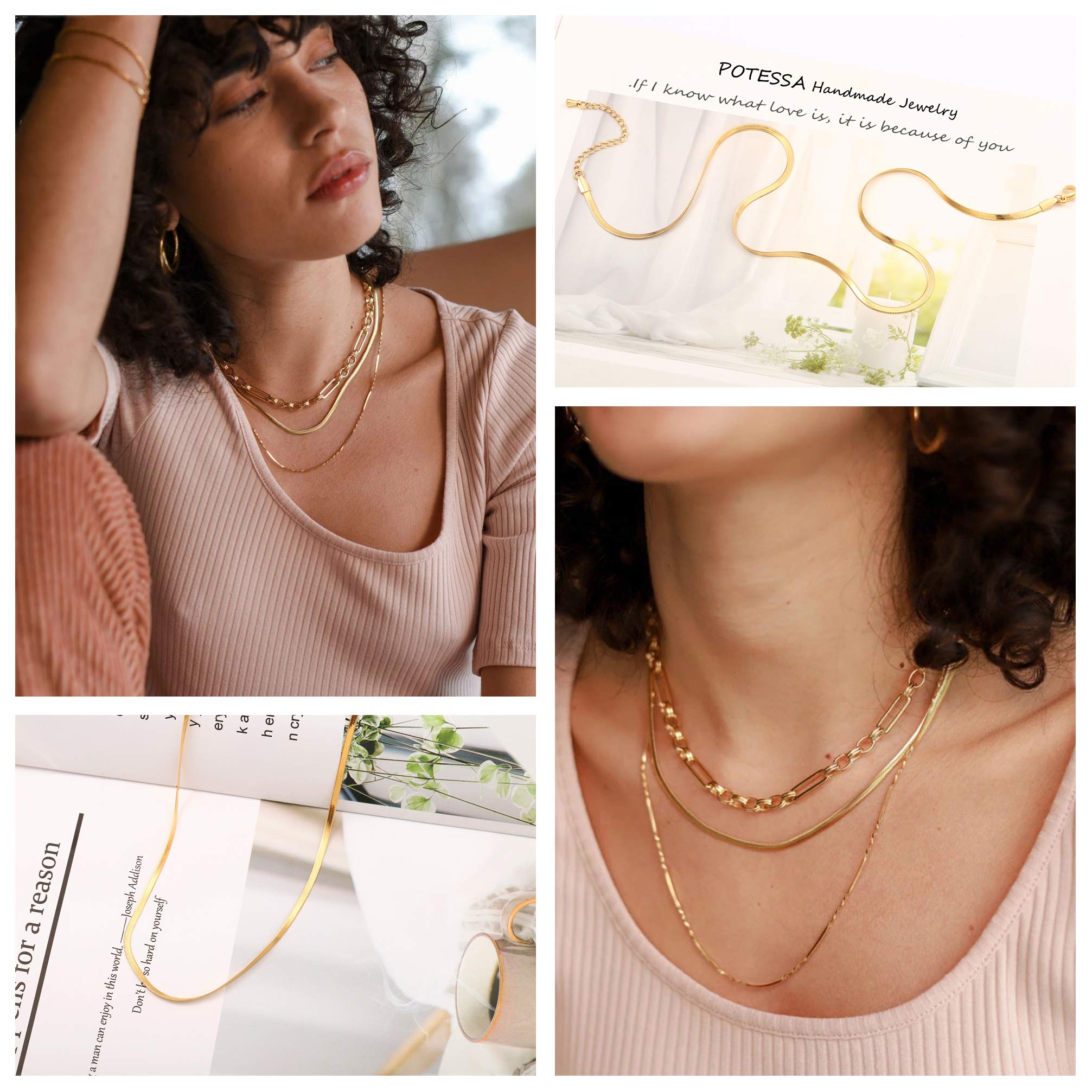 POTESSA 18k Gold Snake Chain Choker Necklace for Women Flat Herringbone Chain Fashion Stainless Steel Necklaces Simple Jewelry Christmas Gifts for Her