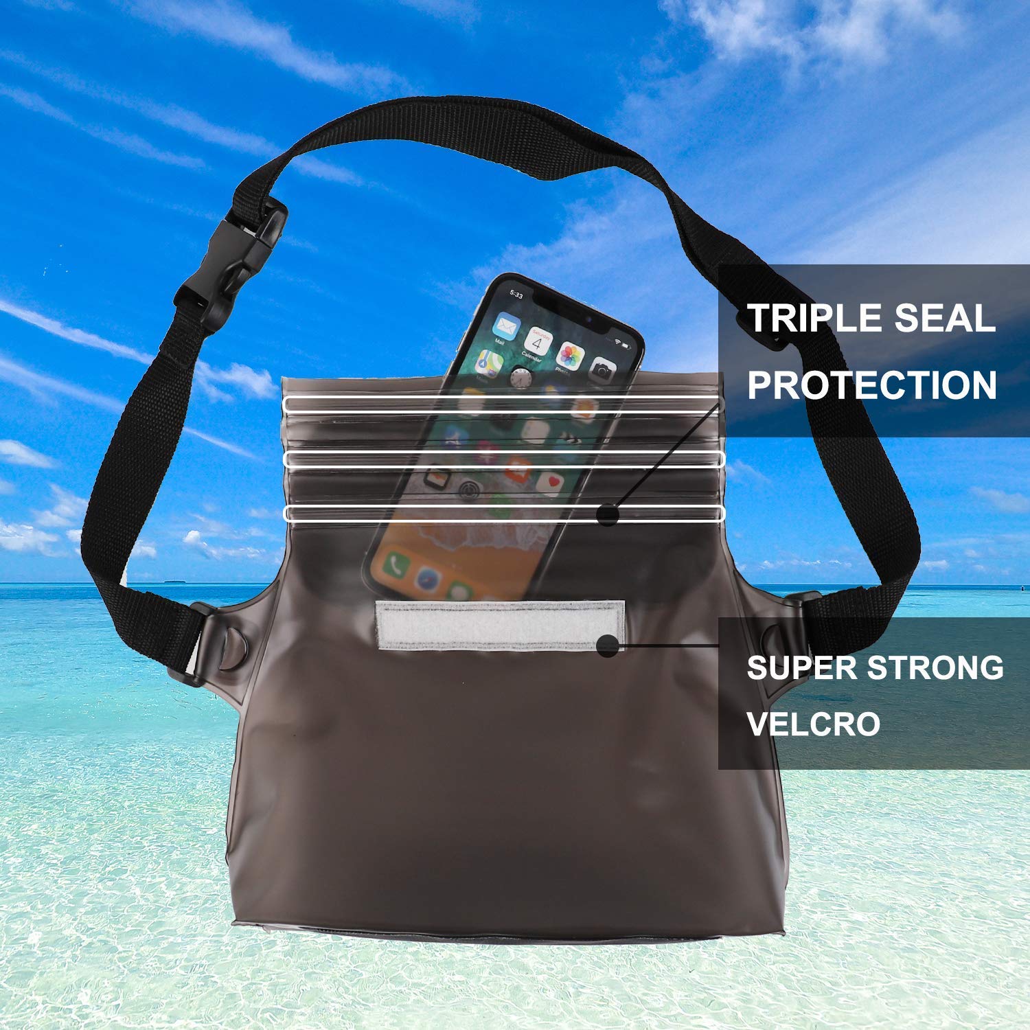 HEETA Waterproof Dry Bag for Women Men Transparent Black 5L Bundle with 2-Pack Waterproof Pouch with Waist Strap