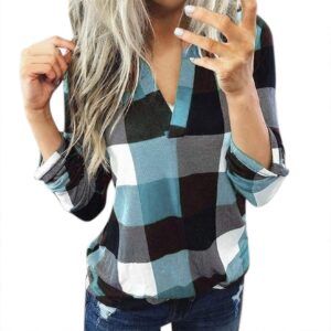 yangsale top casual plaid blouse women cotton sweatshirt long sleeve shirts women's v-neck fall sweaters pullover tops