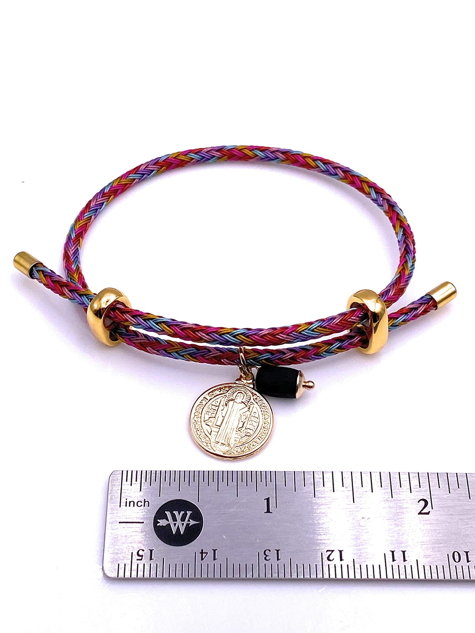 LESLIE BOULES 18K Gold Plated Saint Benedict Colored String Bracelet Charm Genuine Azabache Stone