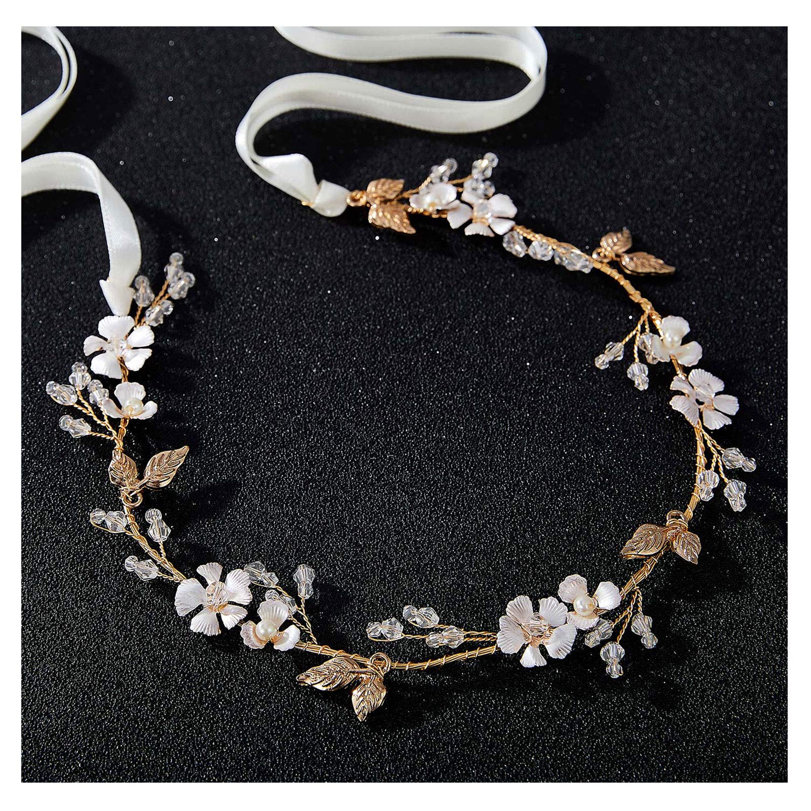 SWEETV Handmade Wedding Headband Flower-Leaf Bridal Headpieces for Wedding Hair Accessories Brides Hair Pieces Gold