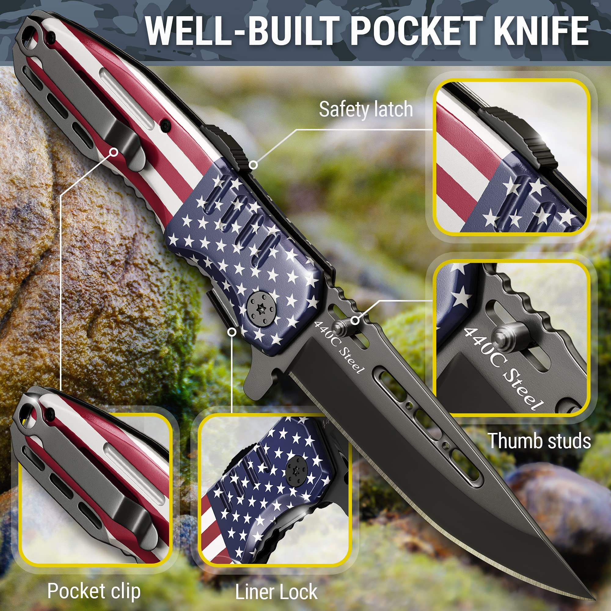 Bundle of 2 Items - Pocket Folding Knife - Military Style - Pocket Knife - Tactical Knife - Camping Hunting Knofe - Gray EDC Knife with Pocket Clip - Gift for Men - Stocking Stuffers