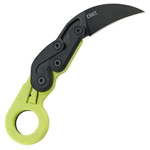 crkt provoke zap kinematic edc folding pocket knife: morphing karambit, black stonewash stainless steel blade, green grivory handle with integrated safety lock, low profile pocket clip 4041g