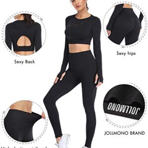 JOLLMONO Workout Sets for Women 2 Piece Yoga Gym Outfits Seamless Ribbed Leggings with Long Sleeve Tops(8003S-Black)