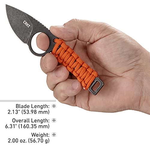 CRKT Tailbone EDC Knife: Everyday Carry Fixed Blade Drop Point Knife with Black Stonewash Finish, Orange Cord Wrapped Handle, Sheath 2415